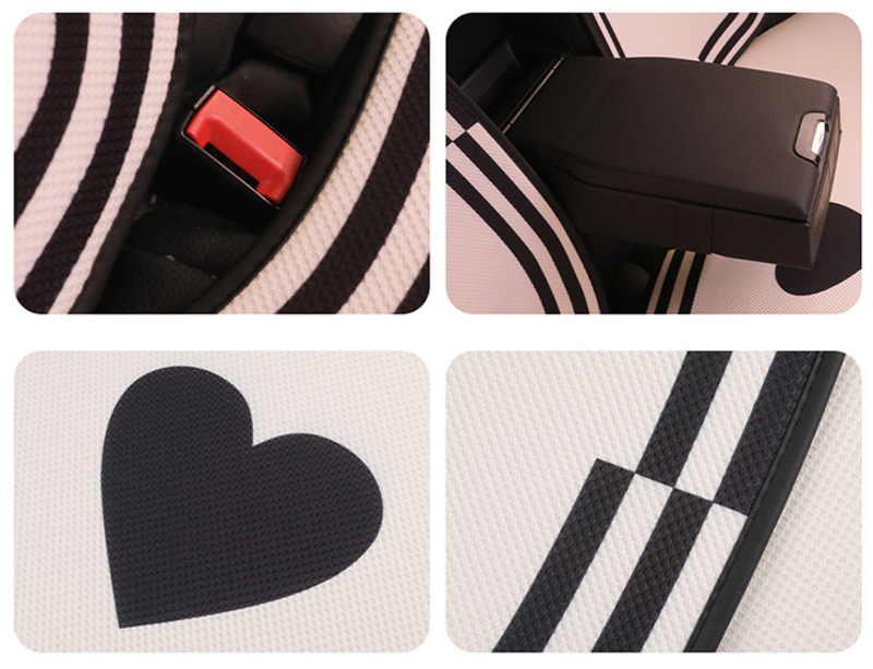 Close-up views of BYD car seat cushion details showing stitching, fabric texture, heart pattern design, seat belt slot, and center armrest fit for precise installation and stylish look.