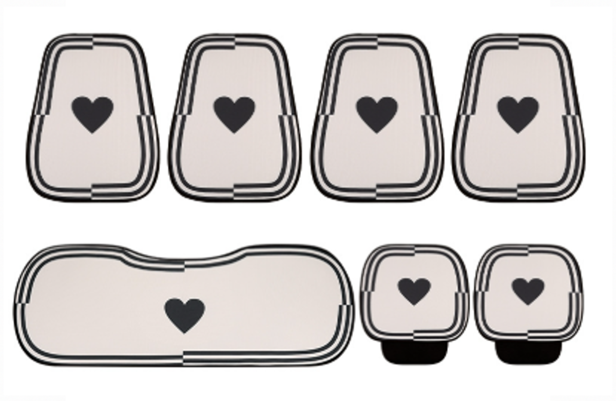 Set of breathable cartoon car seat cushions for BYD, featuring heart pattern design, includes seat pads, backrest covers, and armrest pads.