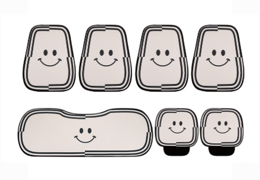 Set of breathable cartoon car seat cushions for BYD, featuring cute smiley face designs, includes front seat pads, backrest covers, and armrest pads.