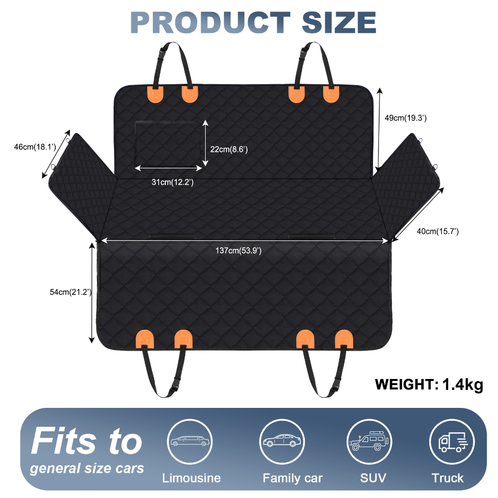 Detailed size chart of BYD dog car seat cover hammock, fits SUVs, sedans, trucks and family cars