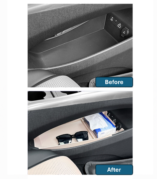 Before and after comparison of the BYD Dolphin center console storage space, showing how the double-layer organizer tray improves interior storage and keeps items neatly arranged.