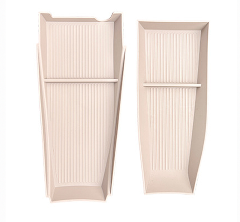 Pair of BYD Dolphin center console organizer insert trays in beige color, shown separately to highlight design and compartment structure.