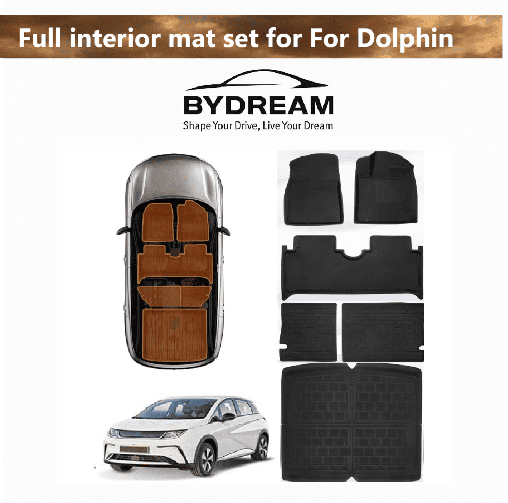 Full interior car mat set for BYD Dolphin 2022–2025, includes floor mats, trunk mat, frunk liner, sub-trunk mat, and rear seat back protectors, black TPR+XPE.