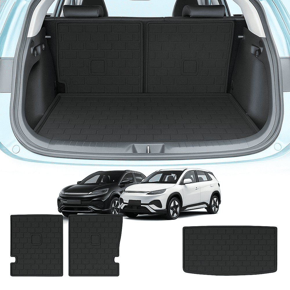 Complete trunk mat set for BYD Dolphin, including base, sub-trunk and rear seat back covers, offering all-around cargo protection