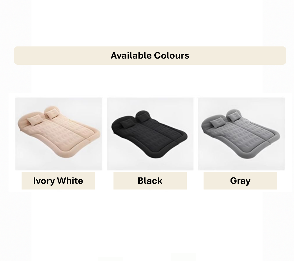 BYD inflatable car mattress available in ivory white, black, and gray colors for car camping and travel comfort.