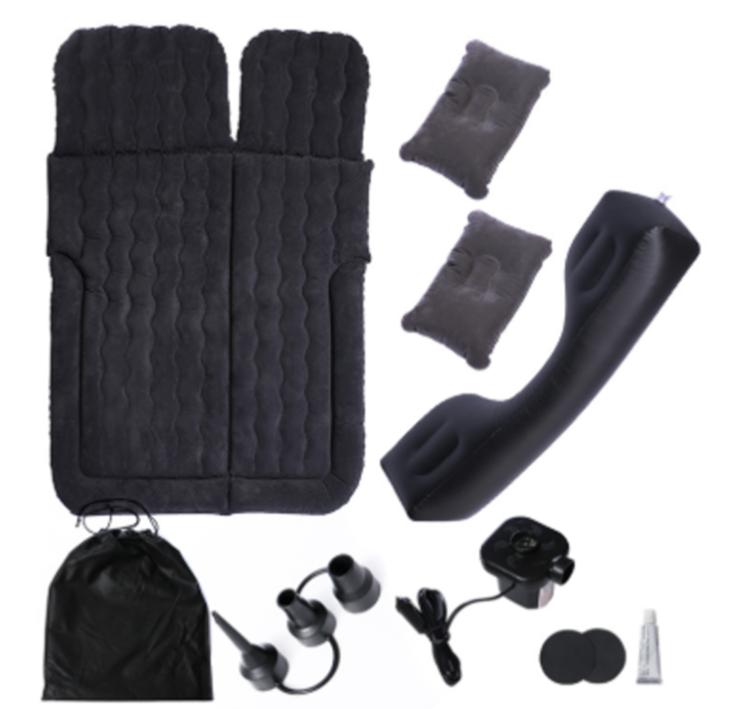 Complete accessory kit for black BYD inflatable car mattress including matching pillows, side barrier, electric air pump, repair tools, and carry bag for car camping comfort.