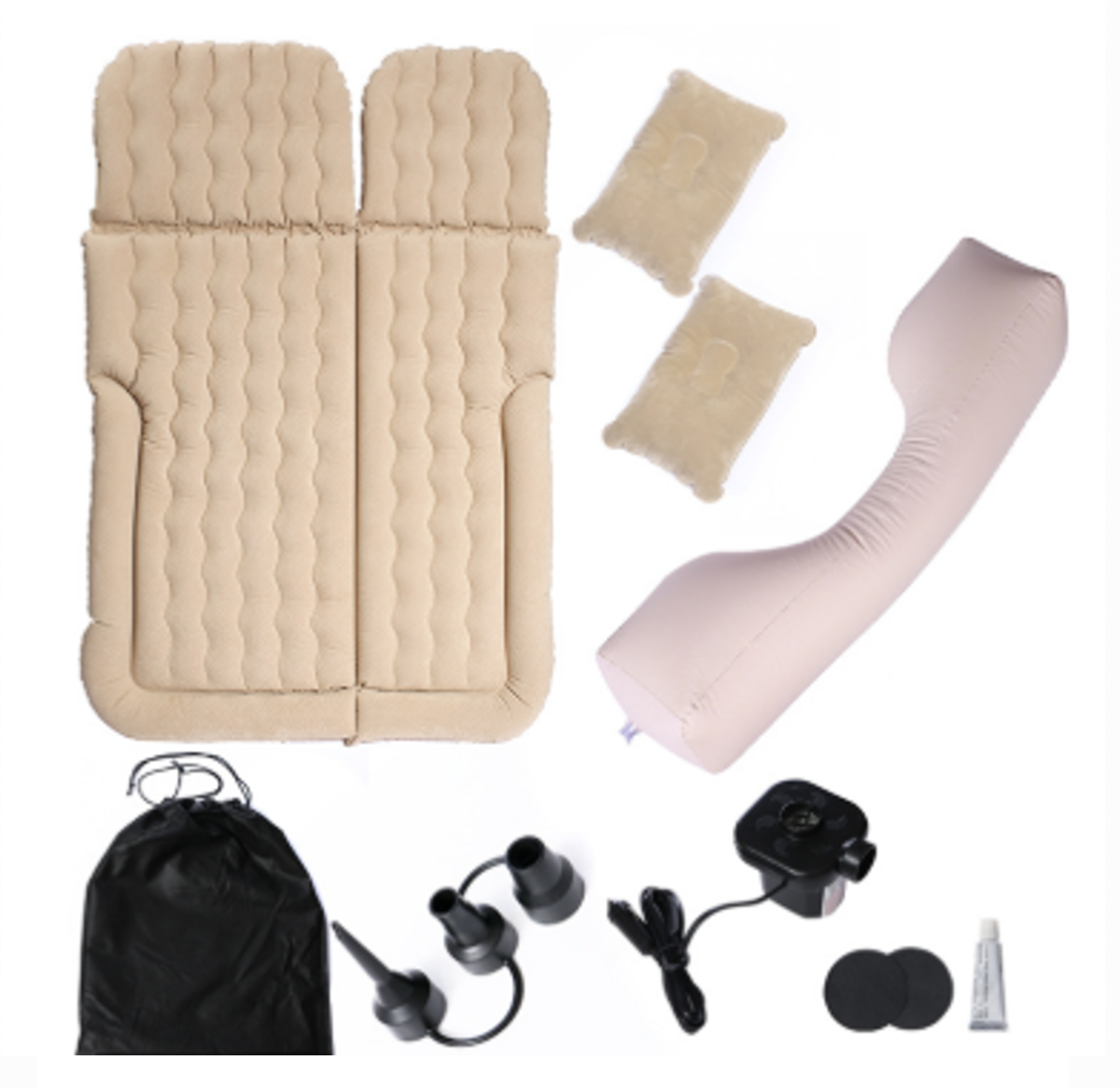 Complete accessory kit for BYD inflatable car mattress including pillows, side barrier, electric air pump, repair tools, and carry bag for car camping comfort.