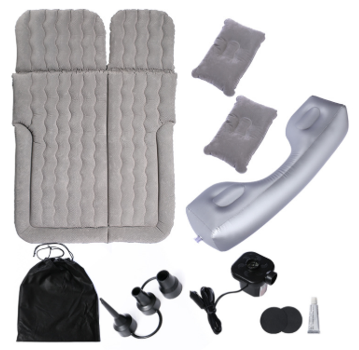 Complete accessory kit for gray BYD inflatable car mattress, including pillows, side barrier, electric air pump, repair tools, and storage bag, ideal for car camping comfort.