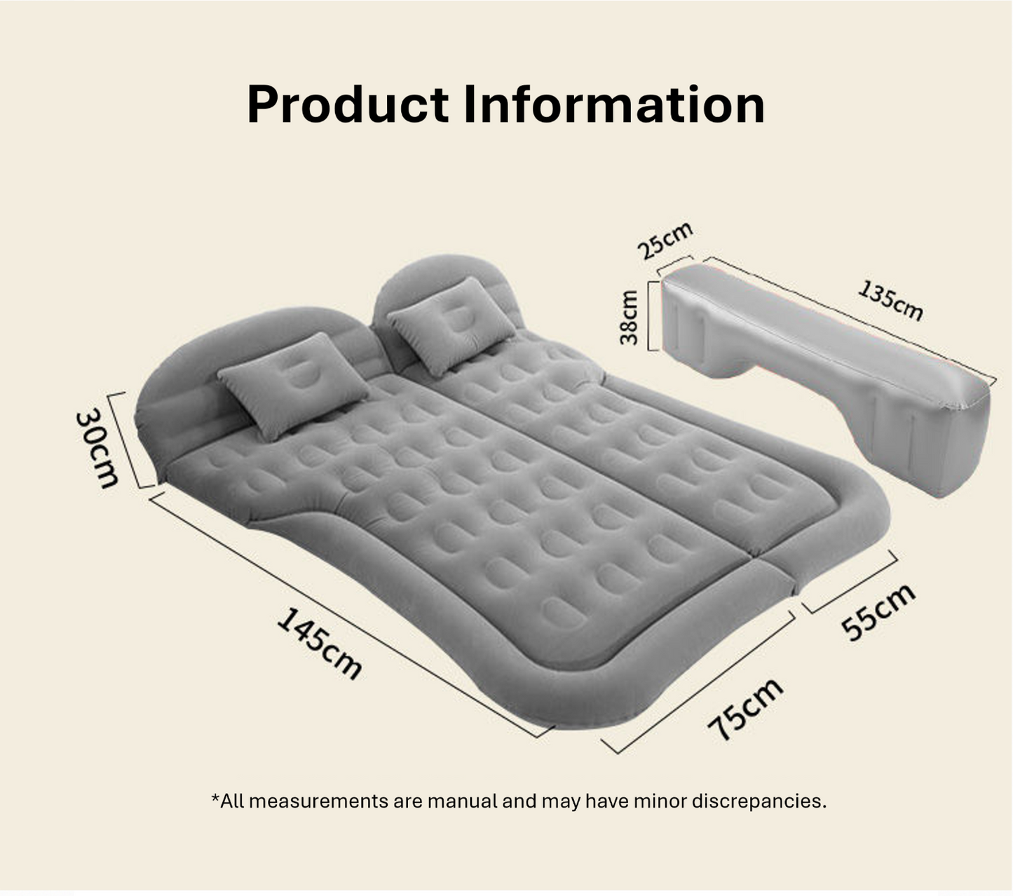 Detailed size chart of inflatable car bed for BYD models, showing measurements in centimeters for length, width, height, and separate inflatable side parts.