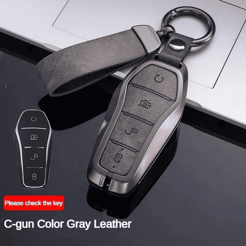 C-Gun Gray Leather Key Fob Cover for BYD – Premium Automotive Accessories for Smart Keys with Durable Keychain Ring