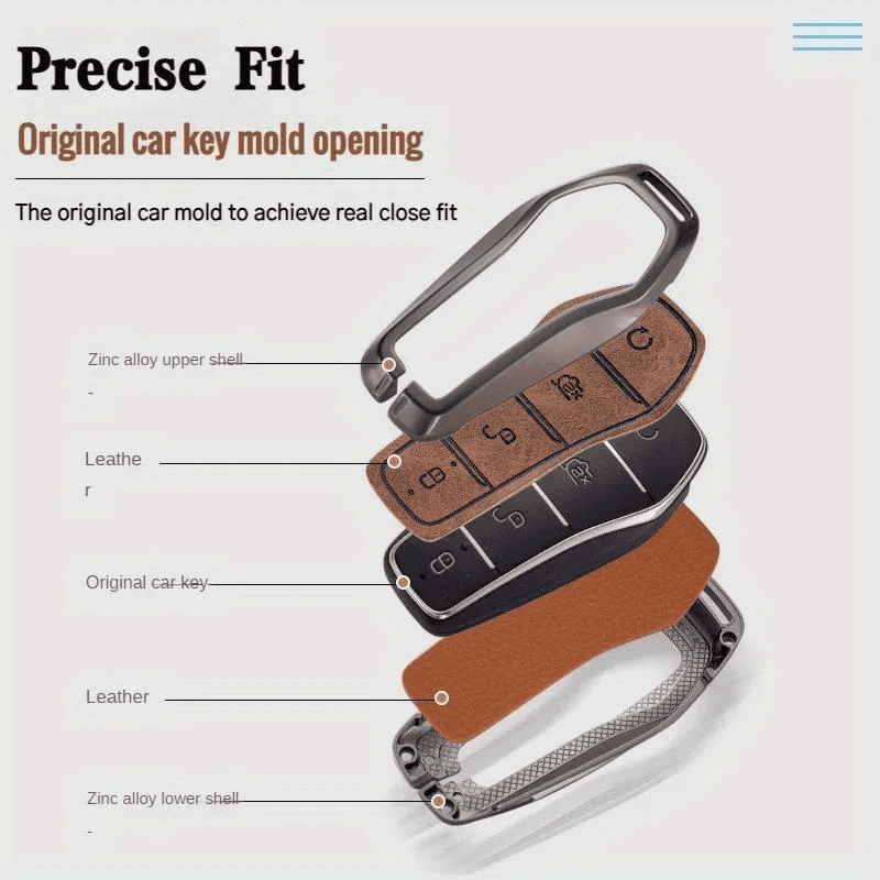 Exploded View of Premium BYD Key Fob Cover – Multi-layer Zinc Alloy and Leather Construction | Auto Accessories
