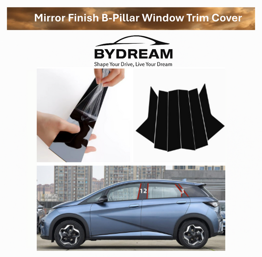 BYD mirror finish B-pillar trim cover shown with peel-off adhesive, separate chrome pieces layout, and installed view on blue BYD Dolphin side profile.
