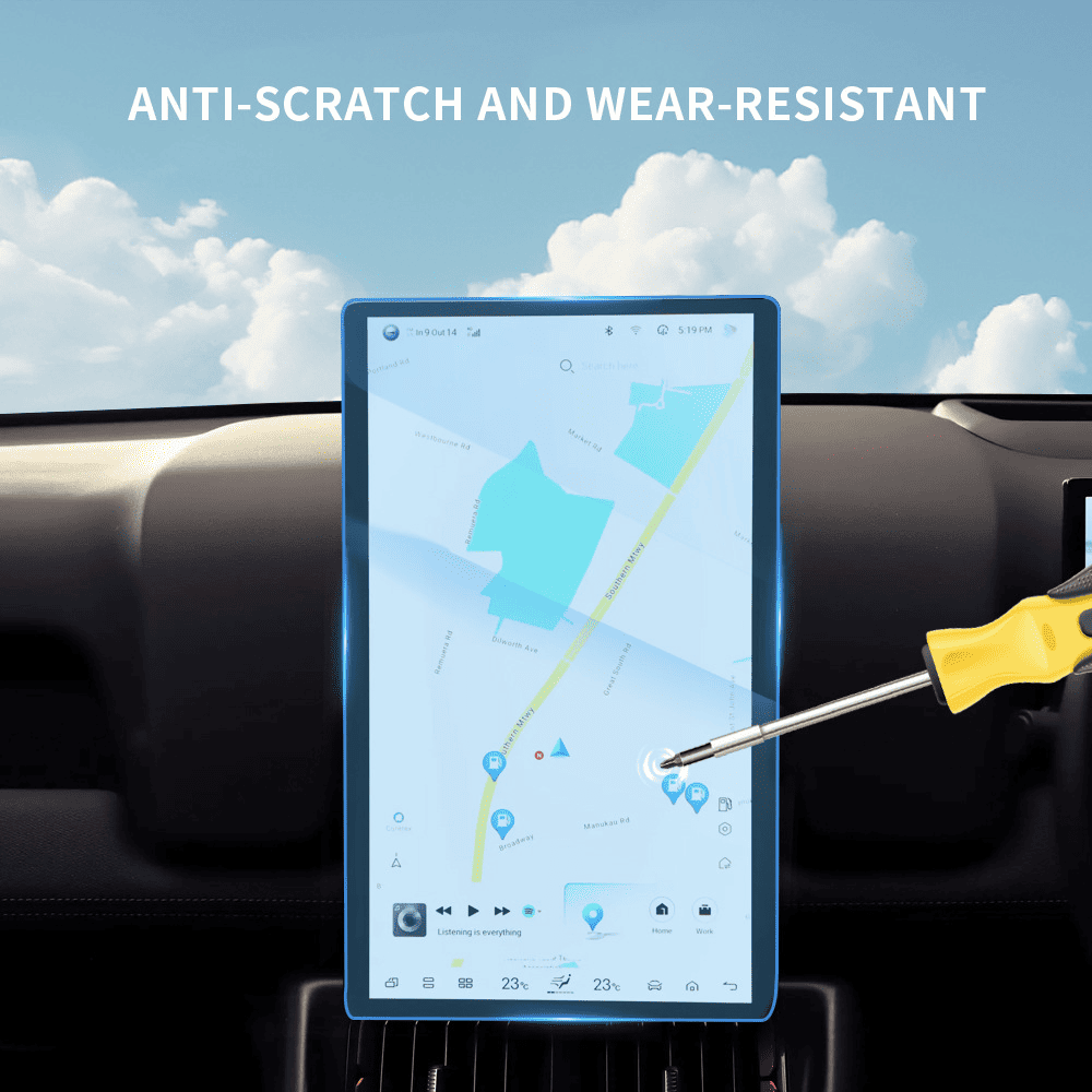 BYD screen protector anti-scratch test with screwdriver on center touchscreen