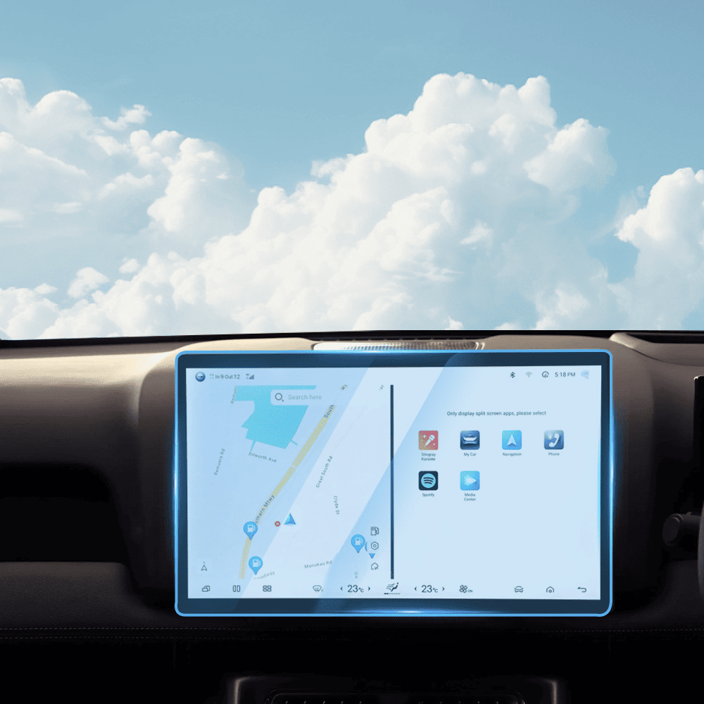 Clean view of BYD touchscreen with tempered glass screen protector installed