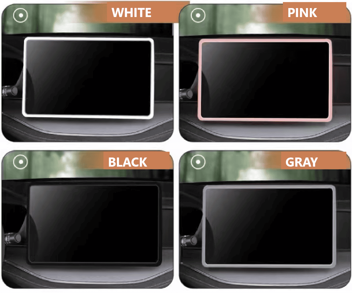 Hand holding four color options of BYD screen trim: pink, grey, black, and white2
