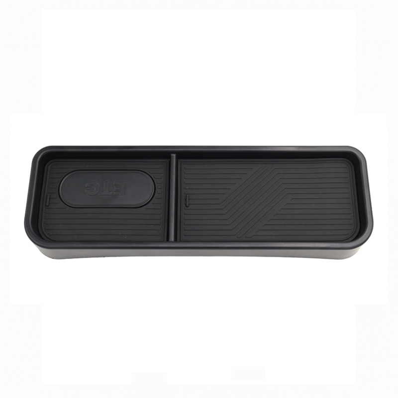 Full view of black ABS dashboard rear storage tray for BYD Seal, with dual sections and removable textured sliding lids for organizing small items, precision OEM fit