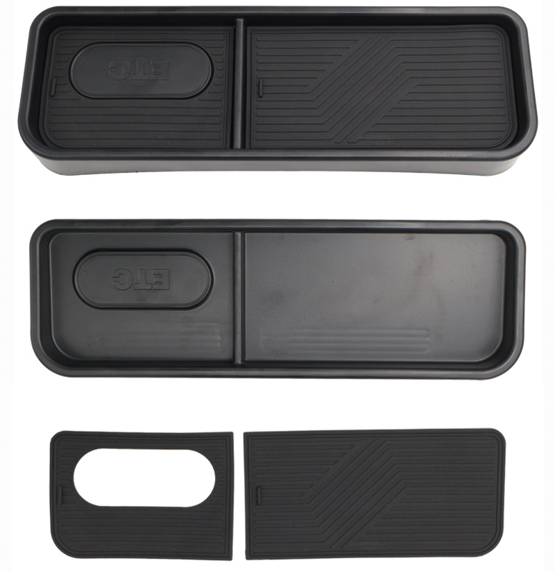 BYD Seal black dashboard rear organizer tray in durable ABS plastic, shown from multiple angles and disassembled, highlighting dual removable textured lids for tidy storage and OEM fit