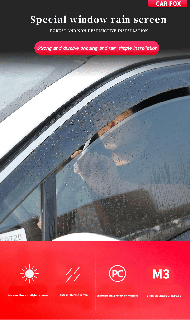 Installed BYD Sealion 7 window visor shown on car window in rainy weather, demonstrating sunshade and rain protection performance.