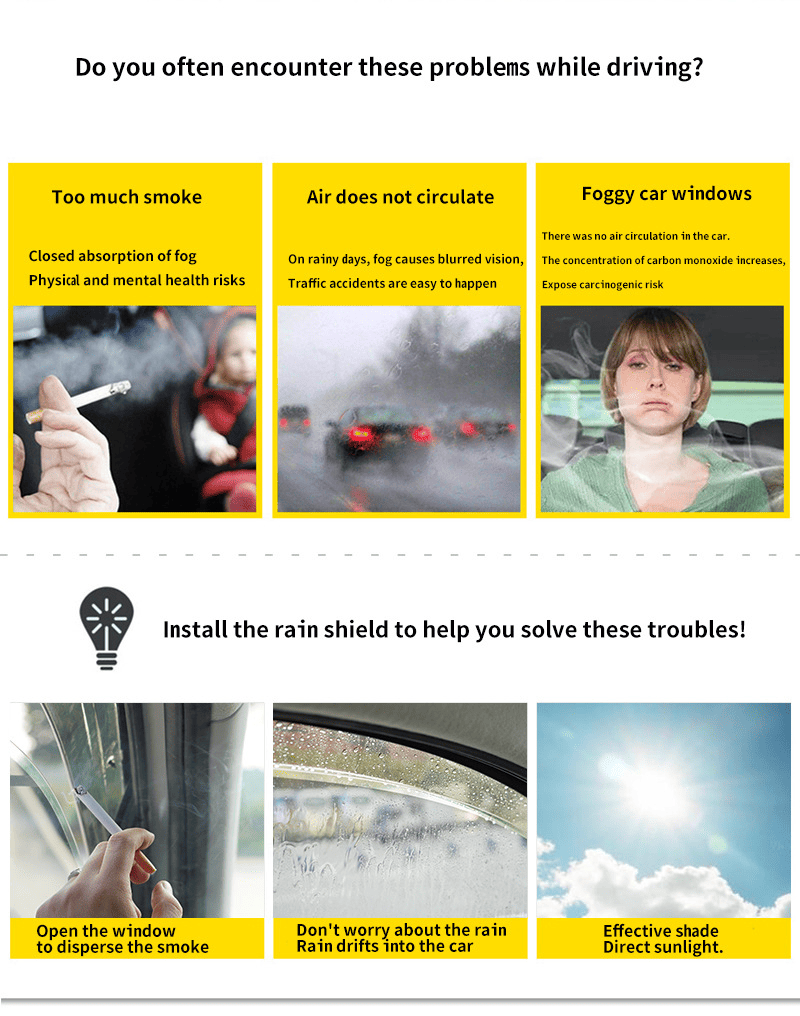Infographic showing common driving problems like smoke, foggy windows, and poor air circulation, with window visor solutions for BYD Sealion 7 including smoke ventilation, rain protection, and sun shading.