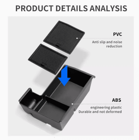 Material breakdown of BYD Sealion 6 armrest organizer – PVC lining and ABS body