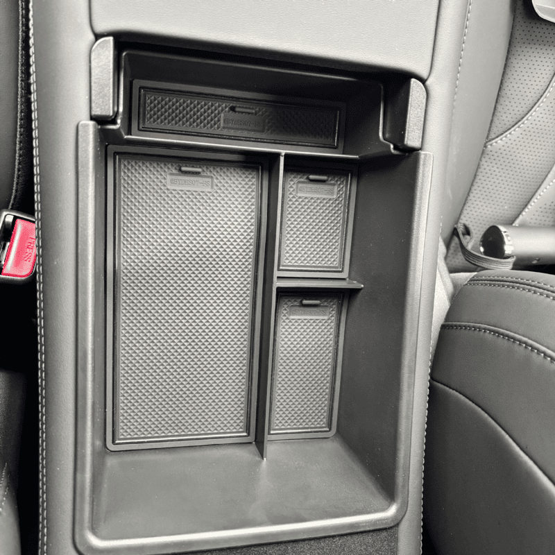 Installed view of the custom-fit center console organizer tray with anti-slip rubber mats inside a BYD Sealion 7 (2024+), showing precise fit and convenient compartment layout.