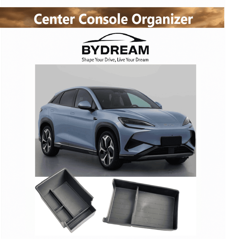 Promotional image showing BYD Sealion 7 EV with upper and lower center console organizer trays by BYDREAM.
