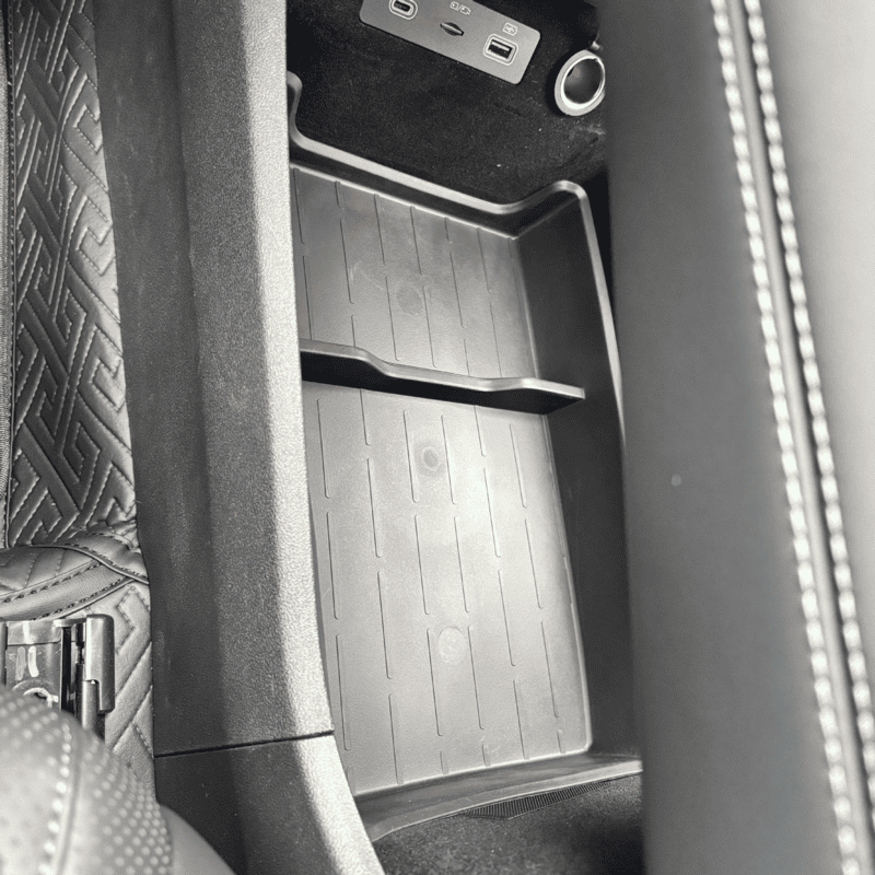 Installed lower console organizer tray in BYD Sealion 7 (2024+), showing seamless fit and enhanced storage space in the vehicle's center compartment.