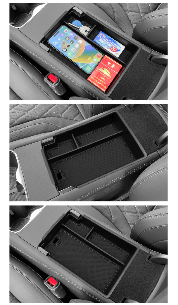 Interior view of BYD Sealion 7 center armrest organizer tray showing compartments for phone, cards, and small items