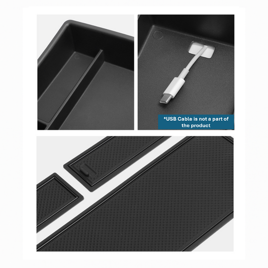 Close-up of BYD Sealion 7 armrest organizer showing USB cable passthrough slot and detachable anti-slip rubber mats for interior protection