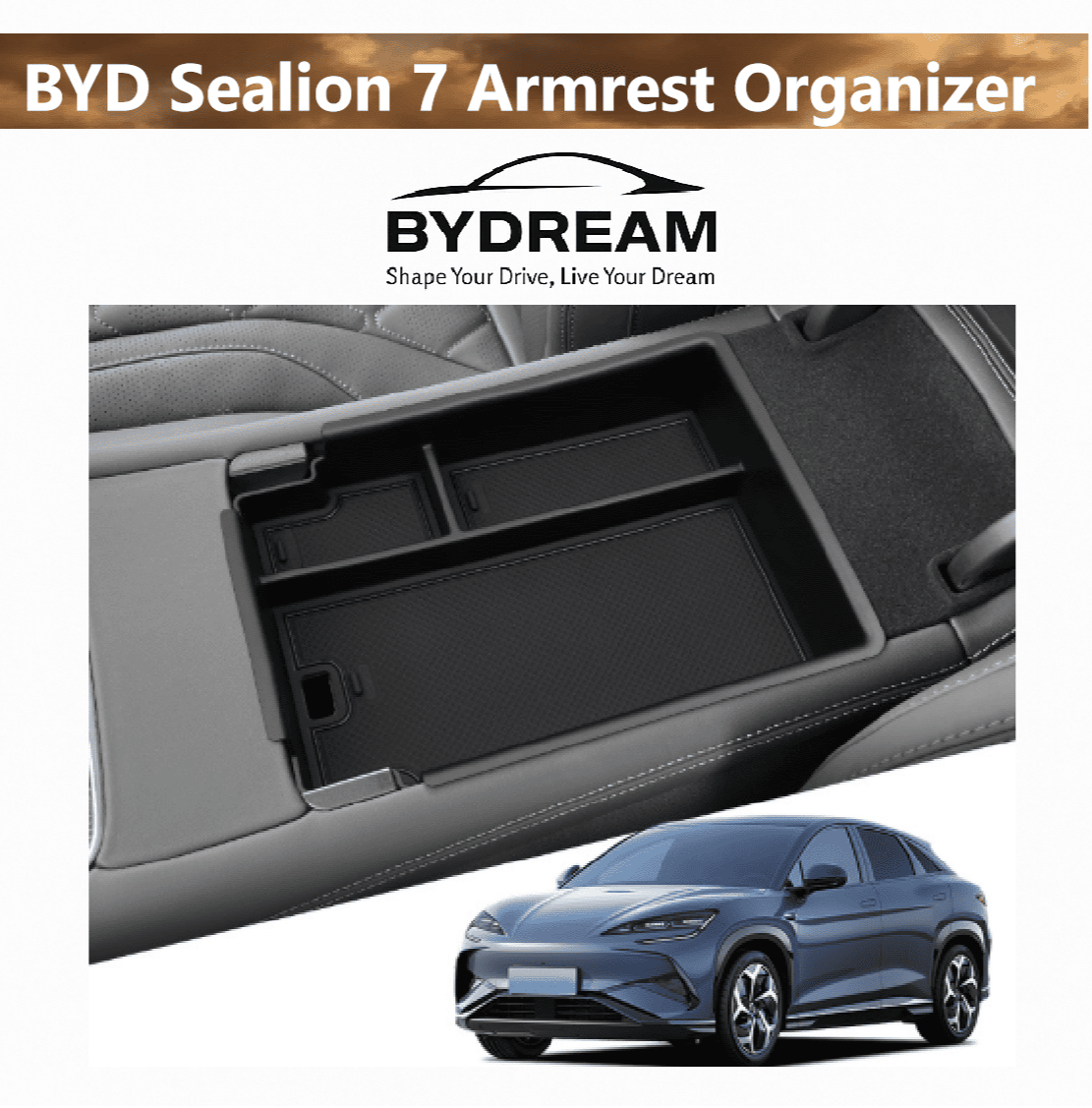 Main image of BYD Sealion 7 center armrest organizer accessory – custom-fit console tray with anti-slip lining