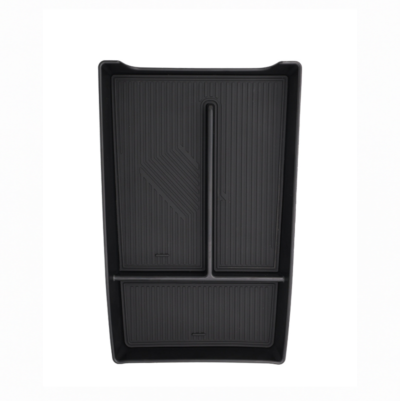 Top-down view of black center console lower organizer tray for BYD Sealion 7 (2024–2025), custom-fit insert with anti-slip compartments and durable ABS construction.
