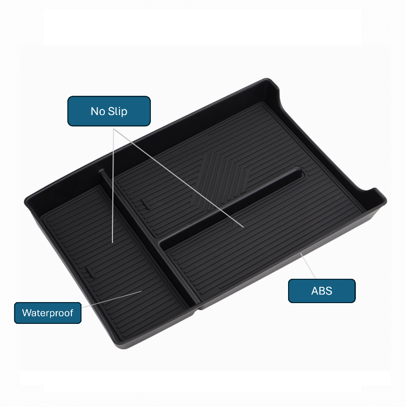 Close-up of BYD Sealion 7 center console organizer highlighting waterproof, non-slip surface and durable ABS construction.