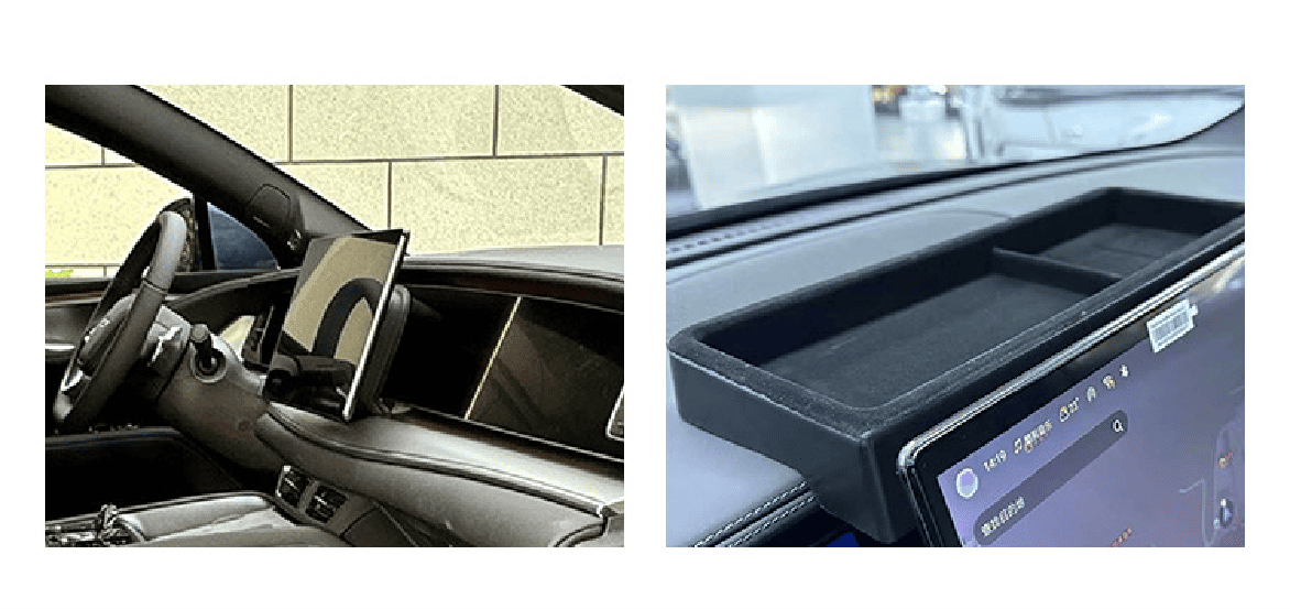 Side view and close-up of the dashboard storage tray installed behind the touchscreen in a BYD Sealion 7, showing seamless integration and accessible layout.
