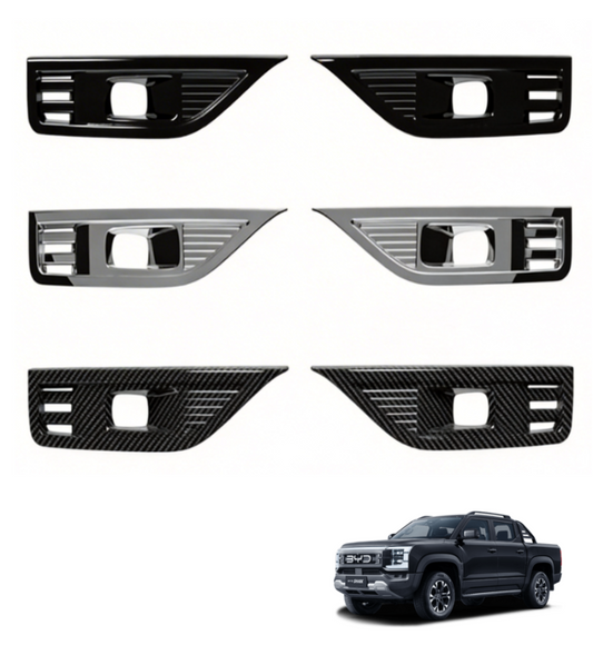 Different style options of fog light trim cover for BYD Shark 6 including gloss black chrome and carbon fiber