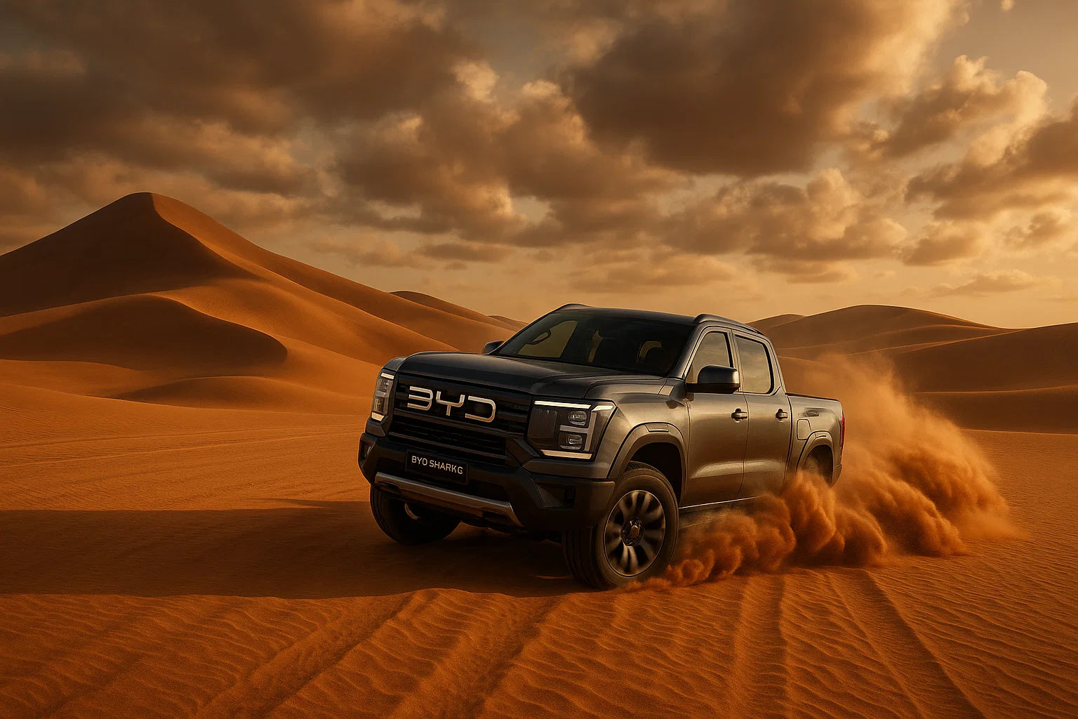 BYD Shark 6 pickup truck driving in desert sand dunes – premium BYD accessories available at bydream.com.au