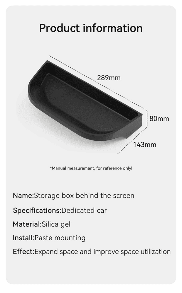 Dimensional diagram of BYD Shark 6 behind-screen storage box showing measurements: 289mm length, 143mm width, and 80mm height