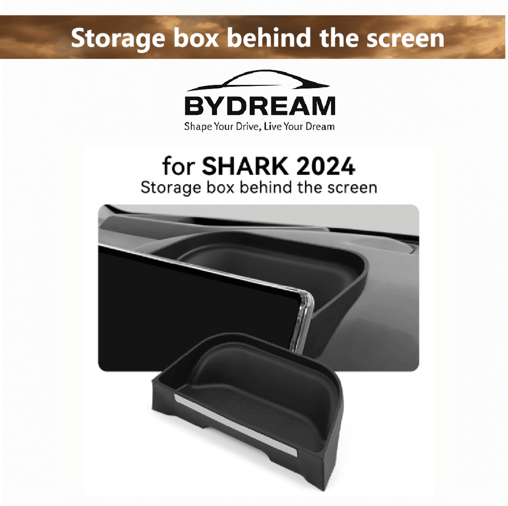 Top view of center console screen storage box for 2024 BYD Shark 6 – black ABS tray behind central display