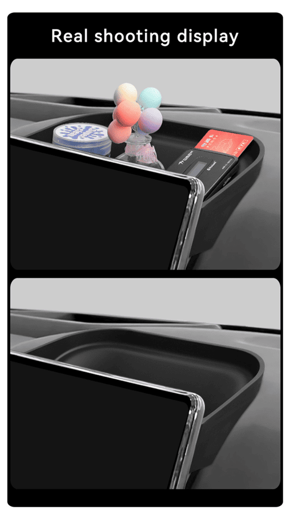 Real-life display of BYD Shark 6 center console screen storage box holding coins, cards, and accessories