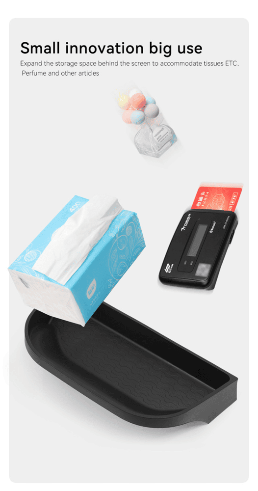 Illustration of the BYD Shark 6 behind-screen storage box holding tissues, perfume, and cards, showing practical everyday use