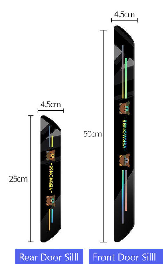 Size chart of BYD iridescent door sill stickers – 50cm front, 25cm rear with cartoon bear print