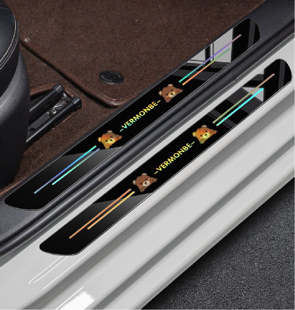 Installed iridescent door sill guard stickers for BYD – cartoon bear pattern with colorful laser finish