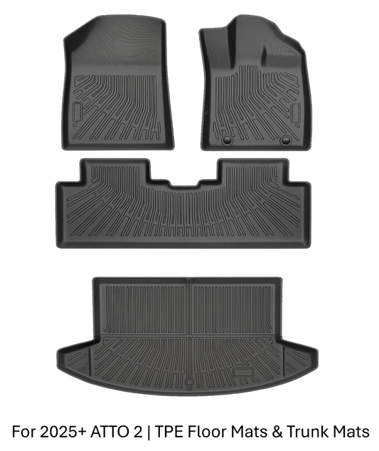 BYD ATTO 2 2025+ TPE floor mats and boot mat set — custom-fit all-weather floor liners (front + rear) plus trunk liner for full cabin and cargo protection”