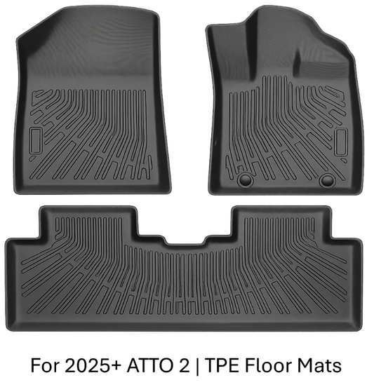 BYD ATTO 2 2025+ TPE floor mats set — custom-fit front mats and one-piece rear mat, 3D all-weather floor liners for full coverage protection