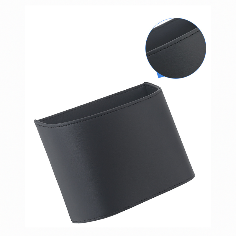 Close-up of black PU leather car trash bin for BYD vehicle door panel, highlighting stitching and texture