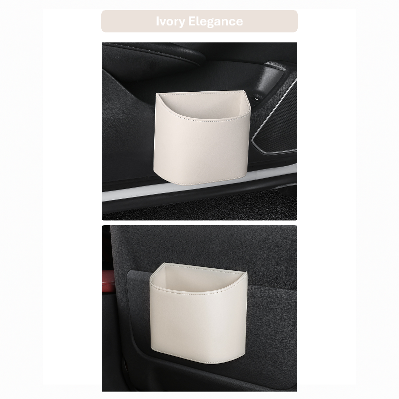 Ivory Elegance leather car trash bin installed on BYD vehicle door and back seat, elegant and minimalistic design
