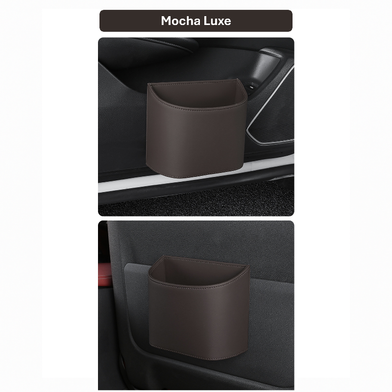 Mocha Luxe leather car trash bin installed on BYD car door panel and back seat