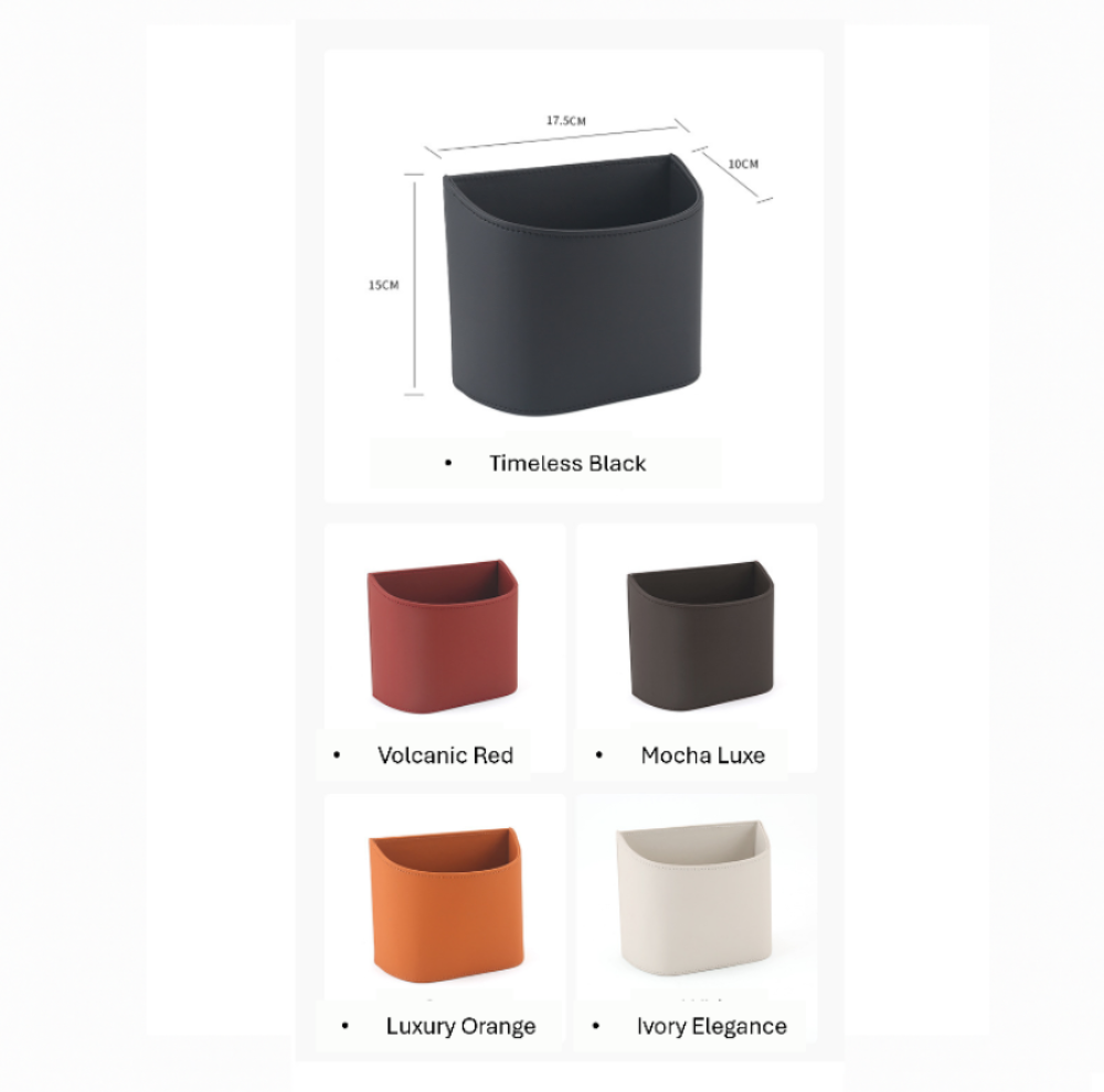 BYDREAM leather car trash bin in 5 colors with dimensions: Timeless Black, Volcanic Red, Mocha Luxe, Luxury Orange, and Ivory Elegance