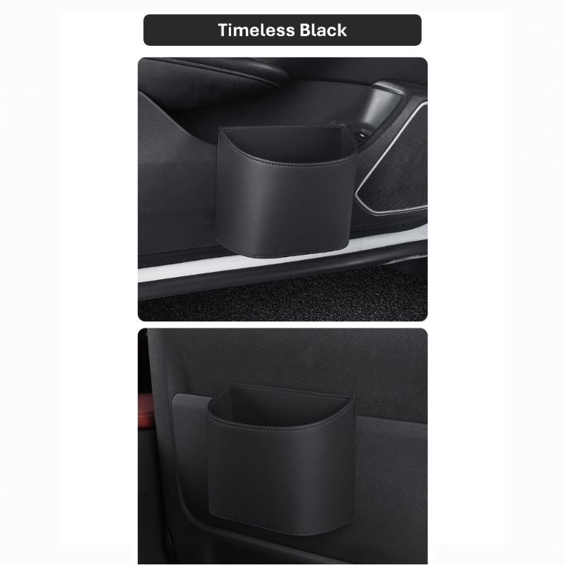 Timeless Black leather car trash bin installed on BYD car door panel and seat back