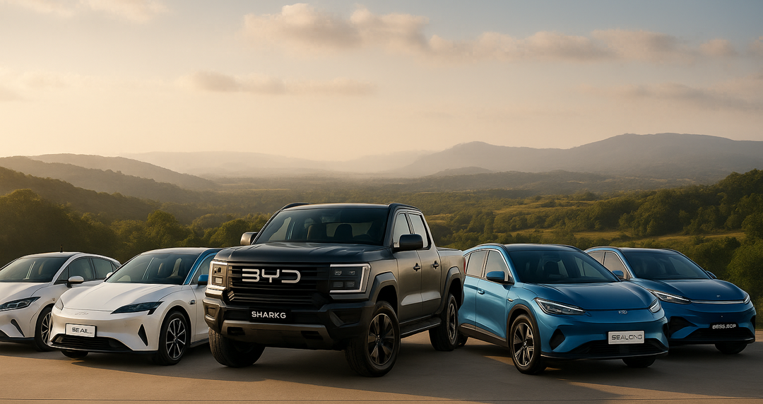 Lineup of BYD Shark pickup, Seal electric sedan, Sealion SUV and Dolphin hatchback – premium BYD accessories at bydream.com.au