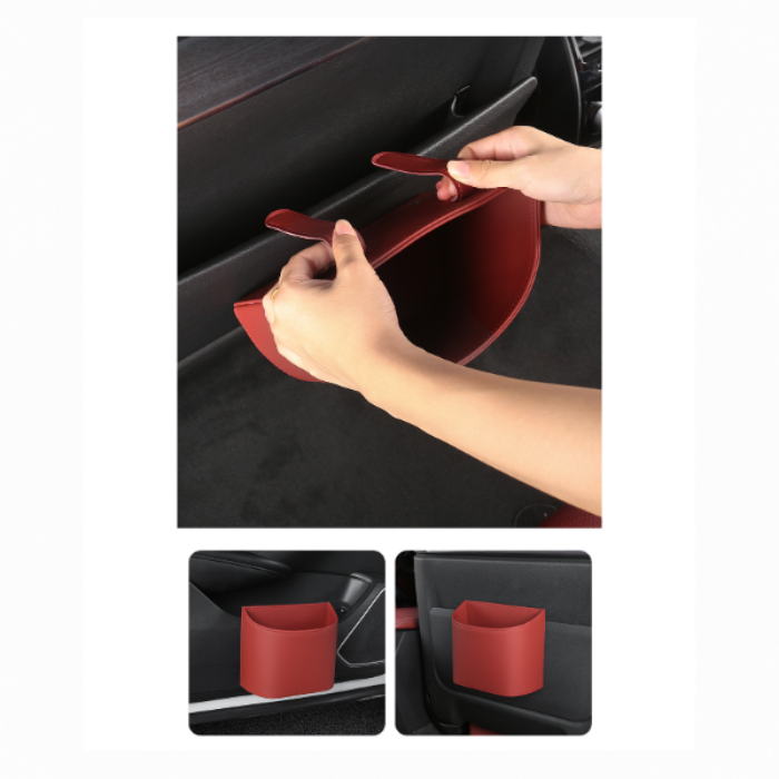 Demonstration of installing red leather car door storage bin with adhesive backing for BYD electric vehicles